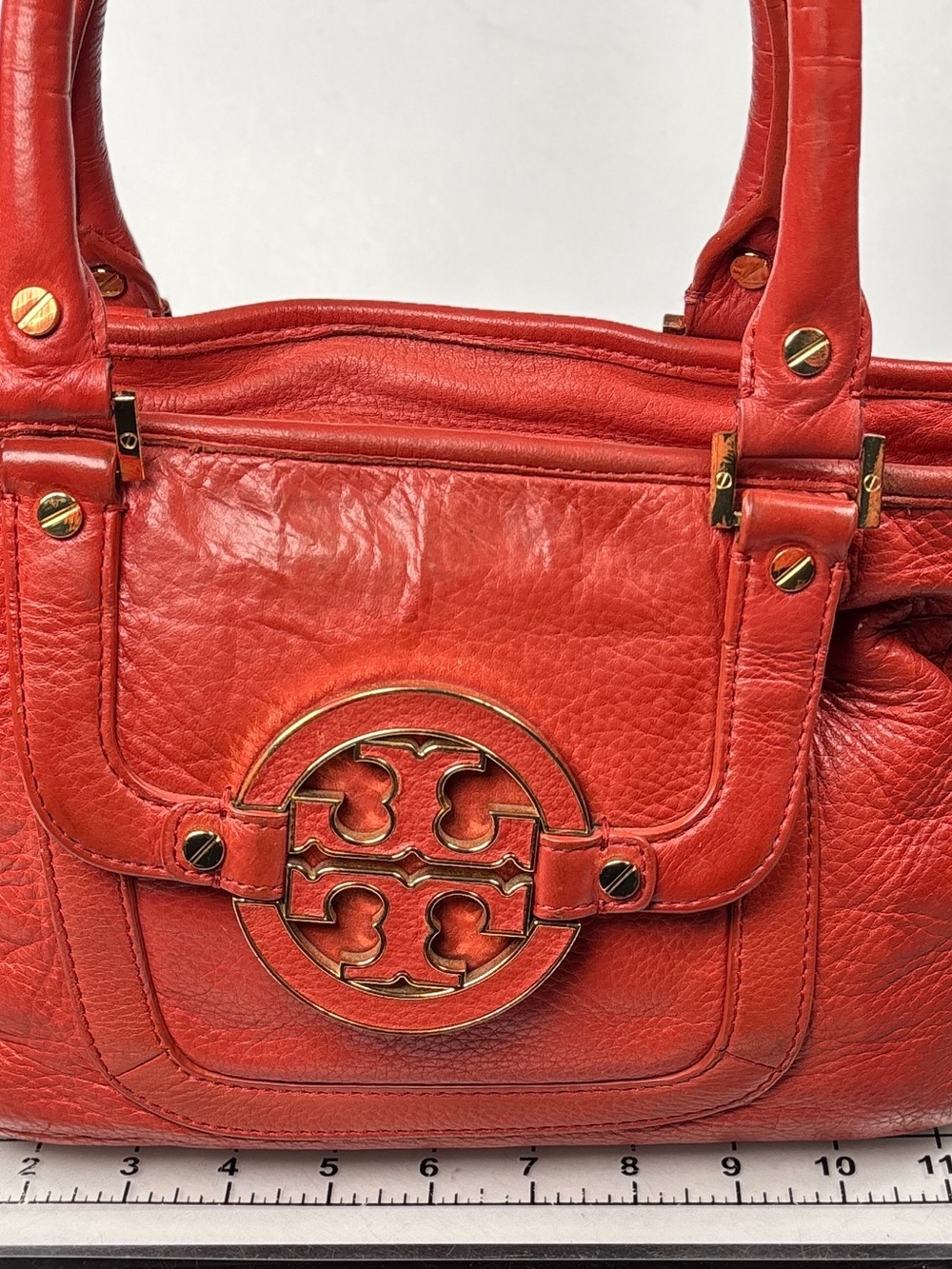 Tory burch Red Orange Amanda - Leather Shoulder Tote Bag with Gold Accents. - Picture 2 of 13